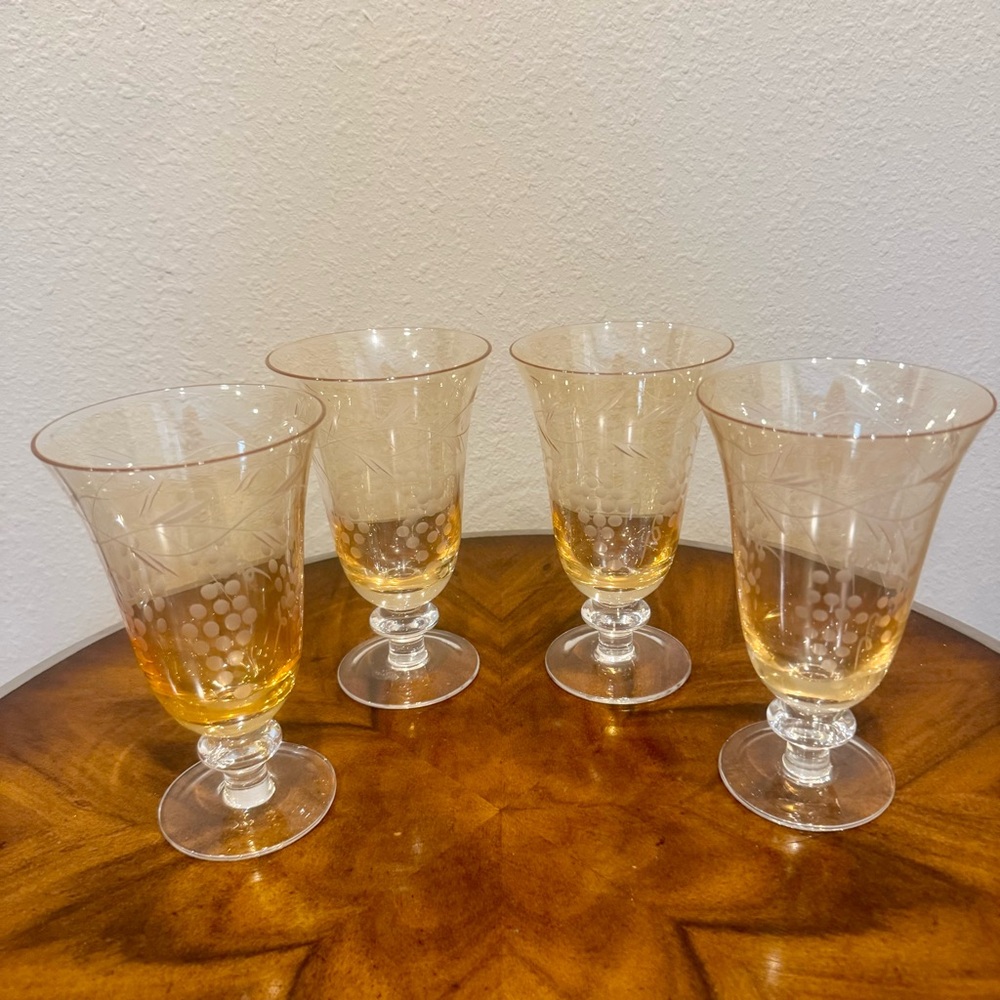 Elegant Vintage Etched Amber Footed Ice Tea Glasses Set of 4